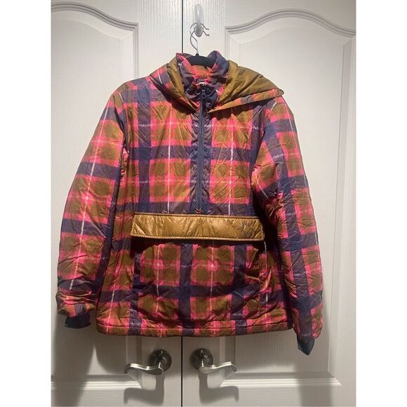 Offline Aerie Puffer Pullover Jacket Pink Blue Plaid Print Hooded Half Zip size - Picture 1 of 3